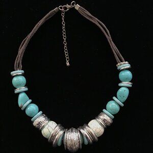 Turquoise and Silver Beaded Necklace with Leather Extender